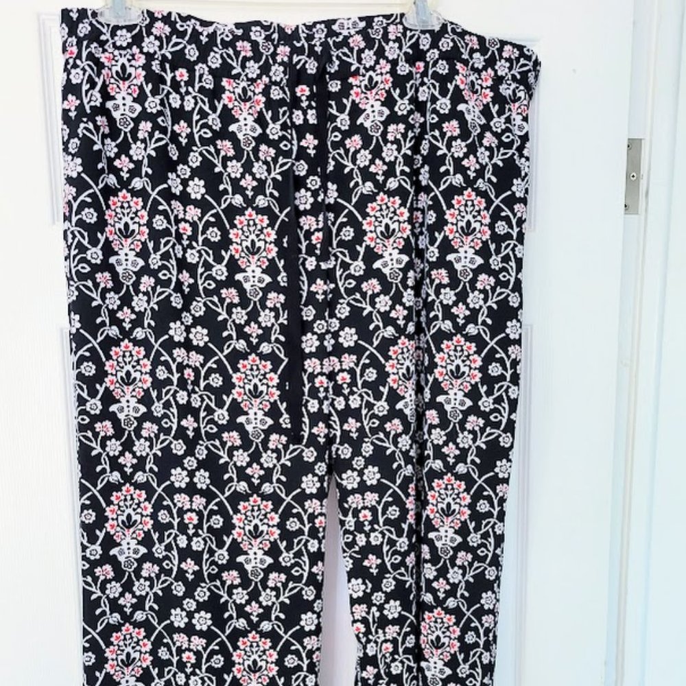 LOFT Black and Pink Floral Wide Leg Pants